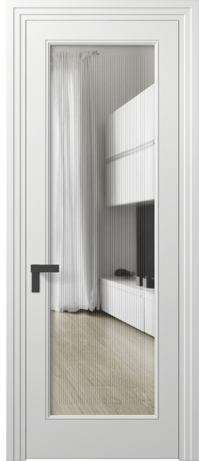 Межкомнатная дверь Rocca 8300 Матовый белоснежный Прозрачное стекло с гравировкой "Каннелюры", триплекс Цена 78519 ₽ | Volhovec