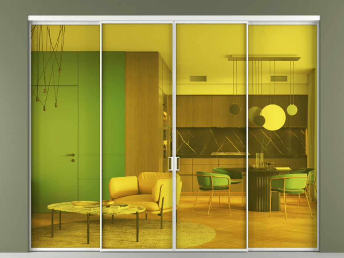 Перегородка Формато внутри проёма 4 створки АЛПР 040.01 Алюминий белоснежный Прозрачное жёлтое стекло, триплекс Цена 319840 ₽  | Volhovec