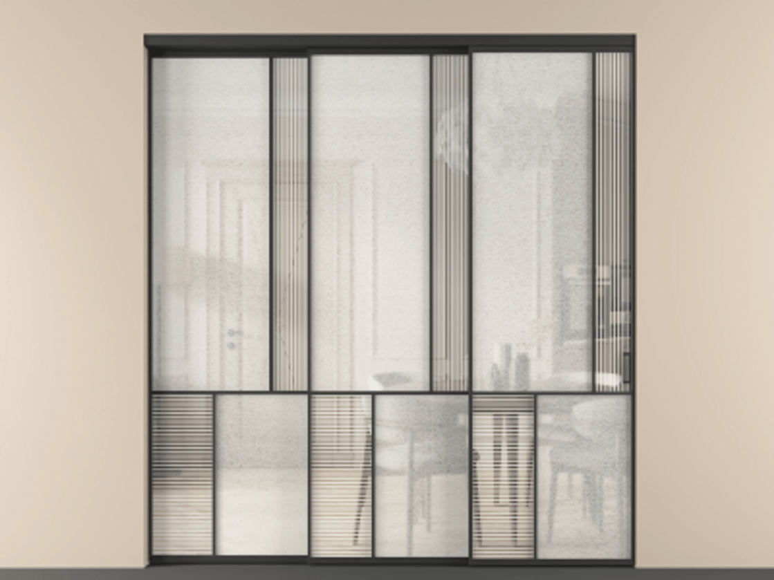 Перегородка Мозаик внутри проёма 3 створки с синхронным механизмом АЛПР 041.21 Алюминий Черный Рифлёное стекло "Дюна", триплекс, 6 мм + Фактурное стекло "Лёд", триплекс Цена 457880 ₽ | Volhovec