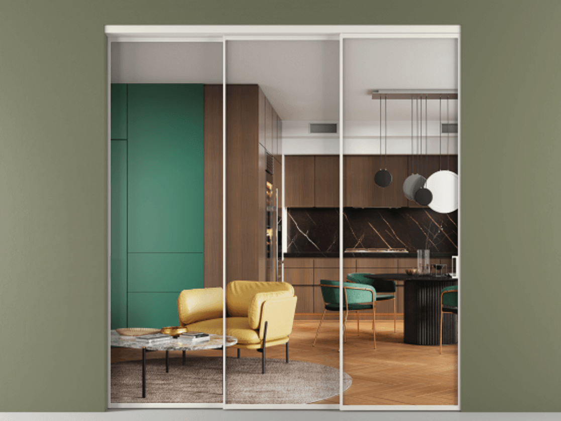 Перегородка Formato внутри проёма 3 створки с синхронным механизмом АЛПР 040.01 Алюминий Белый Прозрачное стекло "Crystal Vision", калёное Цена 379900 ₽  | Volhovec