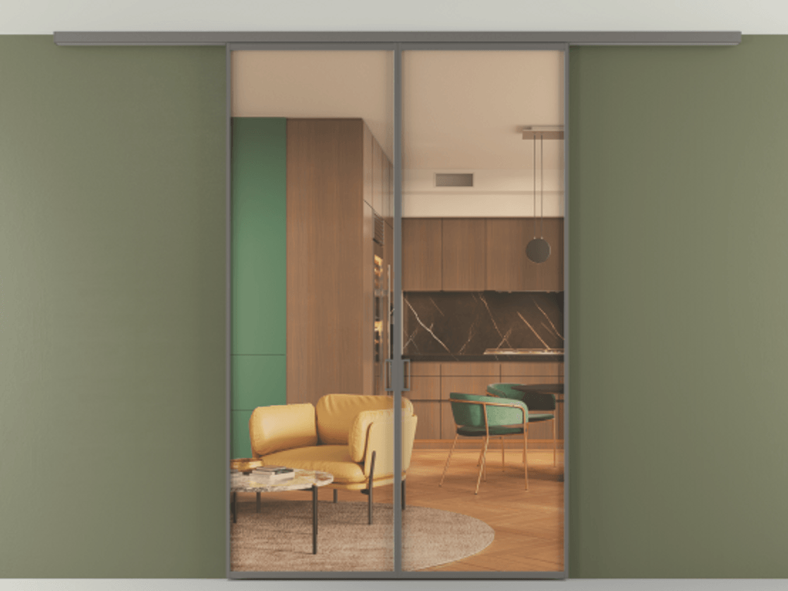 Перегородка Формато вдоль стены на потолок 2 створки АЛПР 040.01 Алюминий классический серый Прозрачное оранжевое стекло, триплекс Цена 185372 ₽ | Volhovec