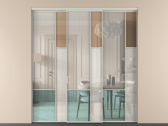 Алюминевая перегородка vn3_8 Алюминий тёплый серый Четыре стекла. Цвет Алюминий тёплый серый. Материал Алюминий в эмали. Коллекция Перегородка Mosaic внутри проёма 3 створки. Картинка.