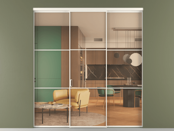 Алюминевая перегородка vn1+2_03_ Алюминий пудровый белый Прозрачное оранжевое стекло, триплекс, 6мм. Цвет Алюминий пудровый белый. Материал Алюминий в эмали. Коллекция Перегородка Formato внутри проёма 3 створки. Картинка.