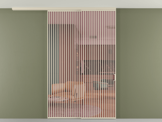 Алюминевая перегородка pv2_2_06_ Алюминий бежево-серый Прозрачное розовое стекло, триплекс, 6мм. Цвет Алюминий бежево-серый. Материал Алюминий в эмали. Коллекция Перегородка Formato вдоль стены на потолок 2 створки с синхронным механизмом. Картинка.