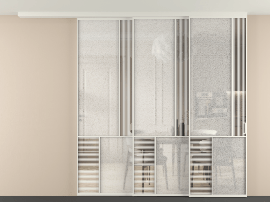 Алюминевая перегородка vdt3_1 БЕЛ. Цвет Алюминий Белый. Материал Алюминий. Коллекция Перегородка Mosaic вдоль стены на потолок 3 створки с синхронным механизмом. Картинка.