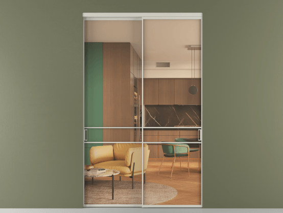 Алюминевая перегородка vn2_02_ Алюминий тёплый серый Прозрачное оранжевое стекло, триплекс, 6мм. Цвет Алюминий тёплый серый. Материал Алюминий в эмали. Коллекция Перегородка Формато внутри проёма 2 створки. Картинка.