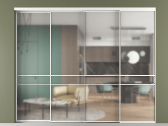 Алюминевая перегородка АЛПР 040.02_АБЛ_Matelux Crystalvision_new. Цвет Алюминий белоснежный. Материал Алюминий в эмали. Коллекция Перегородка Формато внутри проёма 4 створки с синхронным механизмом. Картинка.